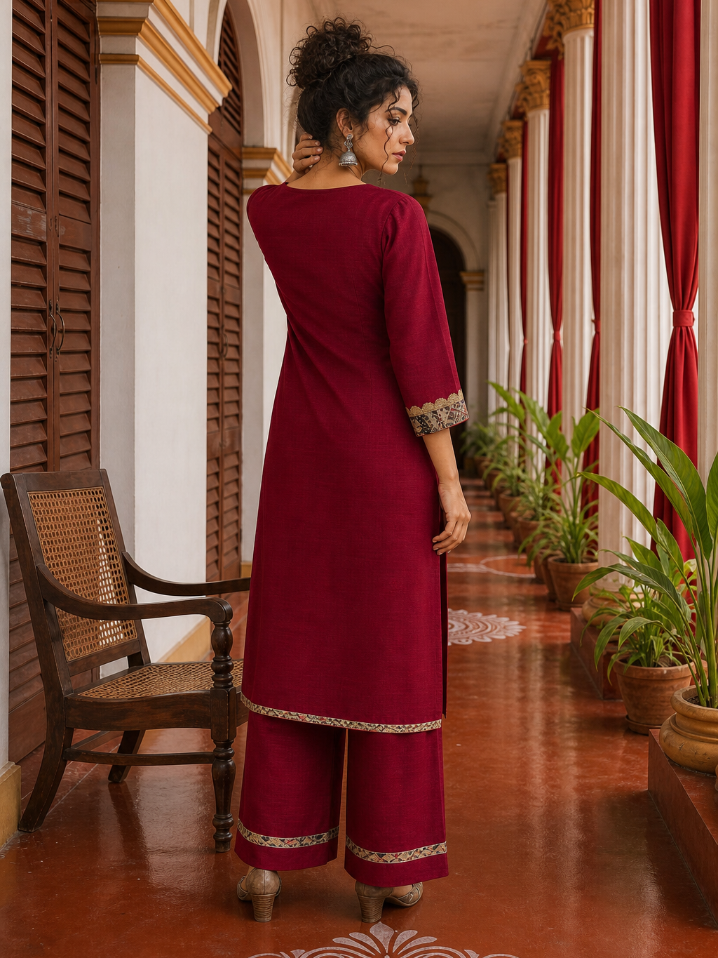 Elegant Maroon Kurta with Madhubani Print Yoke, Sequinned Scalloped Lace Trim & Matching Palazzo Set