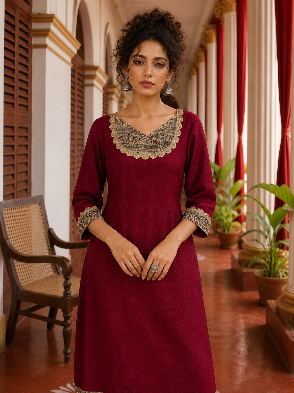 Elegant Maroon Kurta with Madhubani Print Yoke, Sequinned Scalloped Lace Trim & Matching Palazzo Set