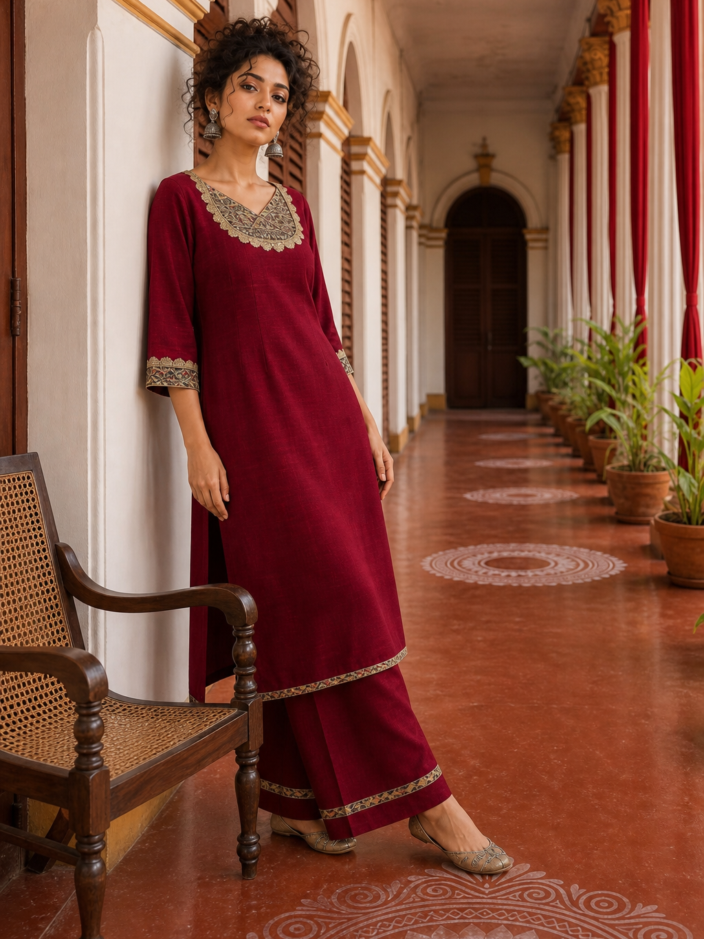 Elegant Maroon Kurta with Madhubani Print Yoke, Sequinned Scalloped Lace Trim & Matching Palazzo Set