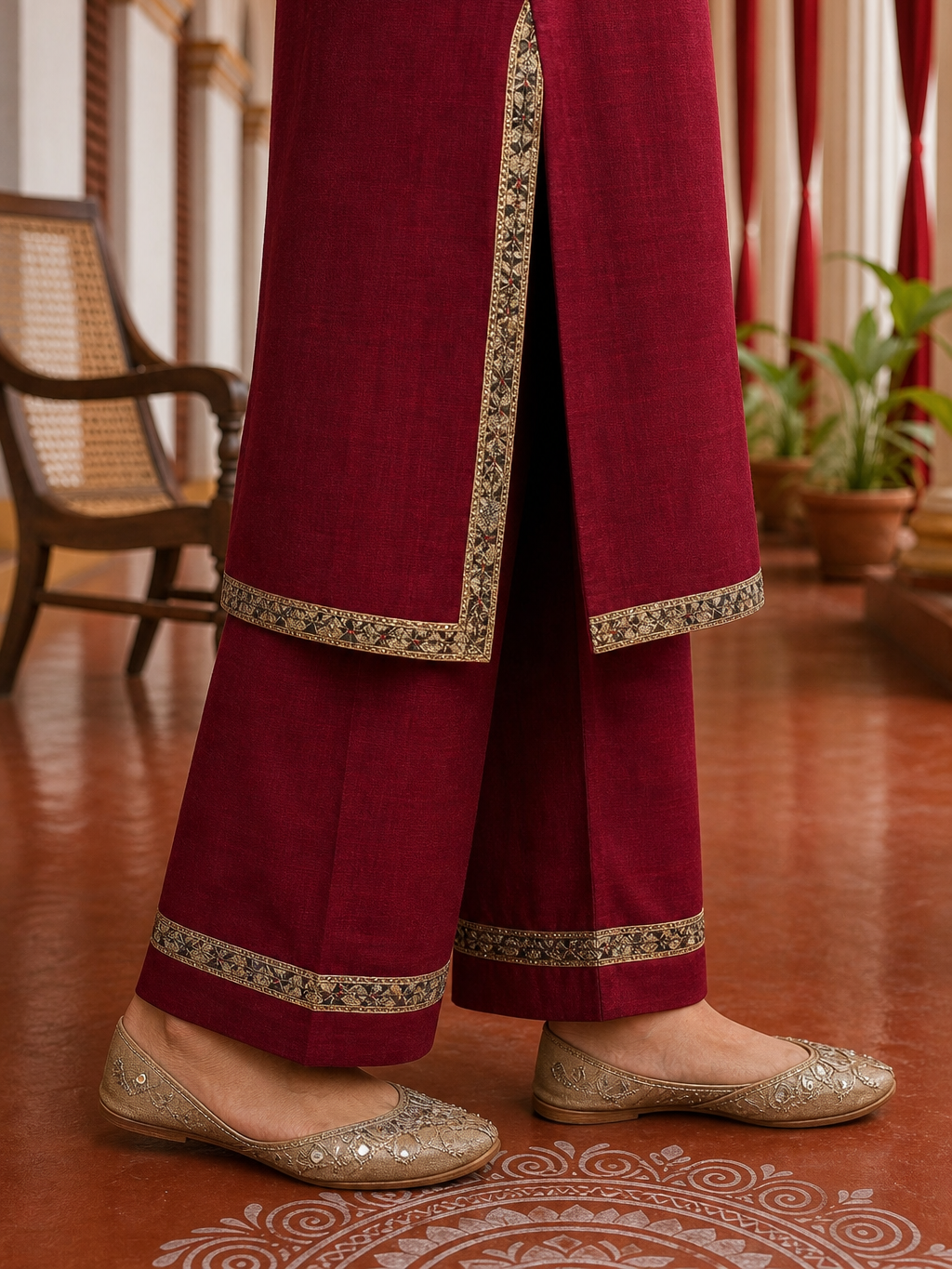 Elegant Maroon Kurta with Madhubani Print Yoke, Sequinned Scalloped Lace Trim & Matching Palazzo Set