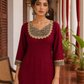 Elegant Maroon Kurta with Madhubani Print Yoke, Sequinned Scalloped Lace Trim & Matching Palazzo Set