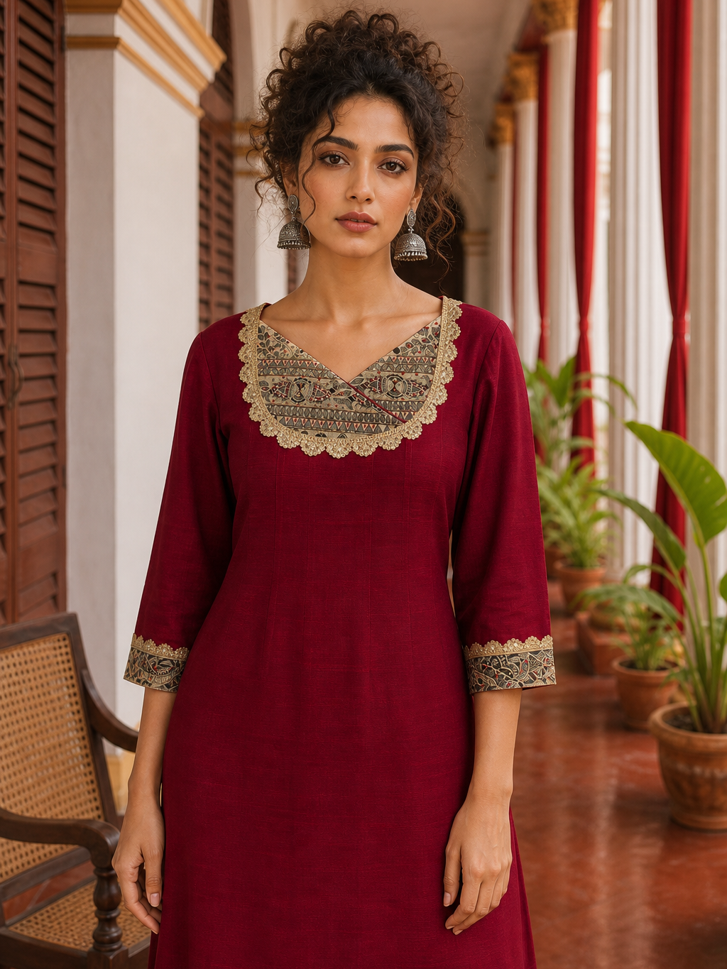 Elegant Maroon Kurta with Madhubani Print Yoke, Sequinned Scalloped Lace Trim & Matching Palazzo Set