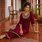 Elegant Maroon Kurta with Madhubani Print Yoke, Sequinned Scalloped Lace Trim & Matching Palazzo Set