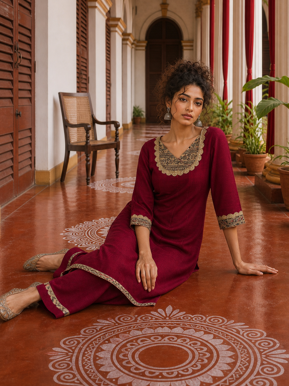 Elegant Maroon Kurta with Madhubani Print Yoke, Sequinned Scalloped Lace Trim & Matching Palazzo Set