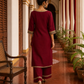 Elegant Maroon Kurta with Madhubani Print Yoke, Sequinned Scalloped Lace Trim & Matching Palazzo Set