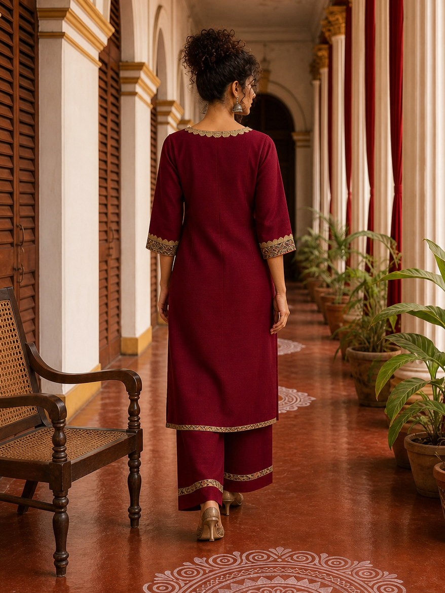 Elegant Maroon Kurta with Madhubani Print Yoke, Sequinned Scalloped Lace Trim & Matching Palazzo Set