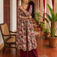 Elegant Maroon rayon & Floral Print Wrap Dress with Sequin Fringe Neckline & Embellished Sleeve Cuffs