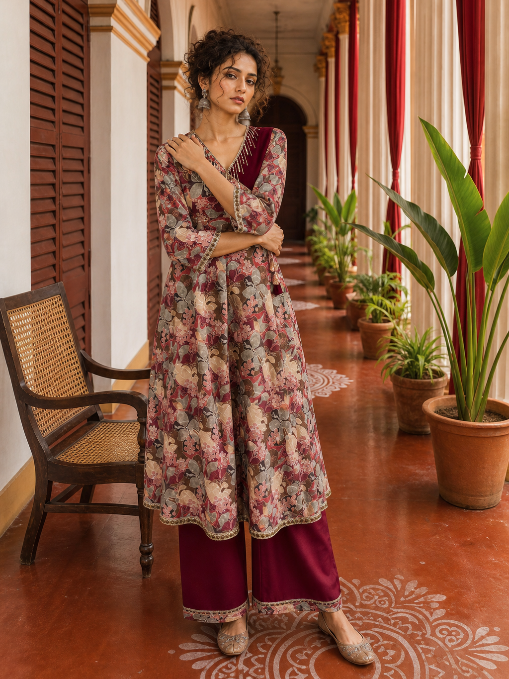 Elegant Maroon rayon & Floral Print Wrap Dress with Sequin Fringe Neckline & Embellished Sleeve Cuffs
