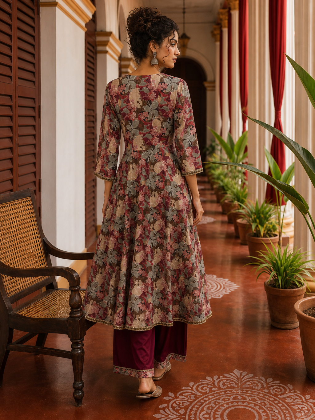 Elegant Maroon rayon & Floral Print Wrap Dress with Sequin Fringe Neckline & Embellished Sleeve Cuffs