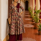 Elegant Maroon rayon & Floral Print Wrap Dress with Sequin Fringe Neckline & Embellished Sleeve Cuffs
