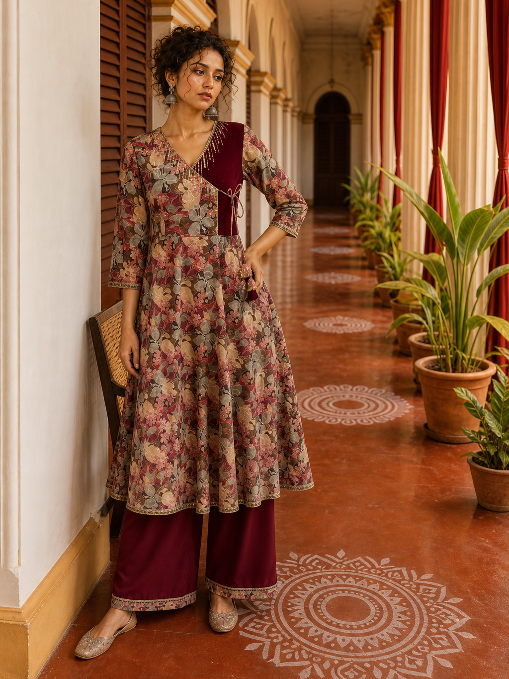 Elegant Maroon rayon & Floral Print Wrap Dress with Sequin Fringe Neckline & Embellished Sleeve Cuffs