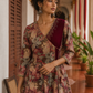 Elegant Maroon rayon & Floral Print Wrap Dress with Sequin Fringe Neckline & Embellished Sleeve Cuffs