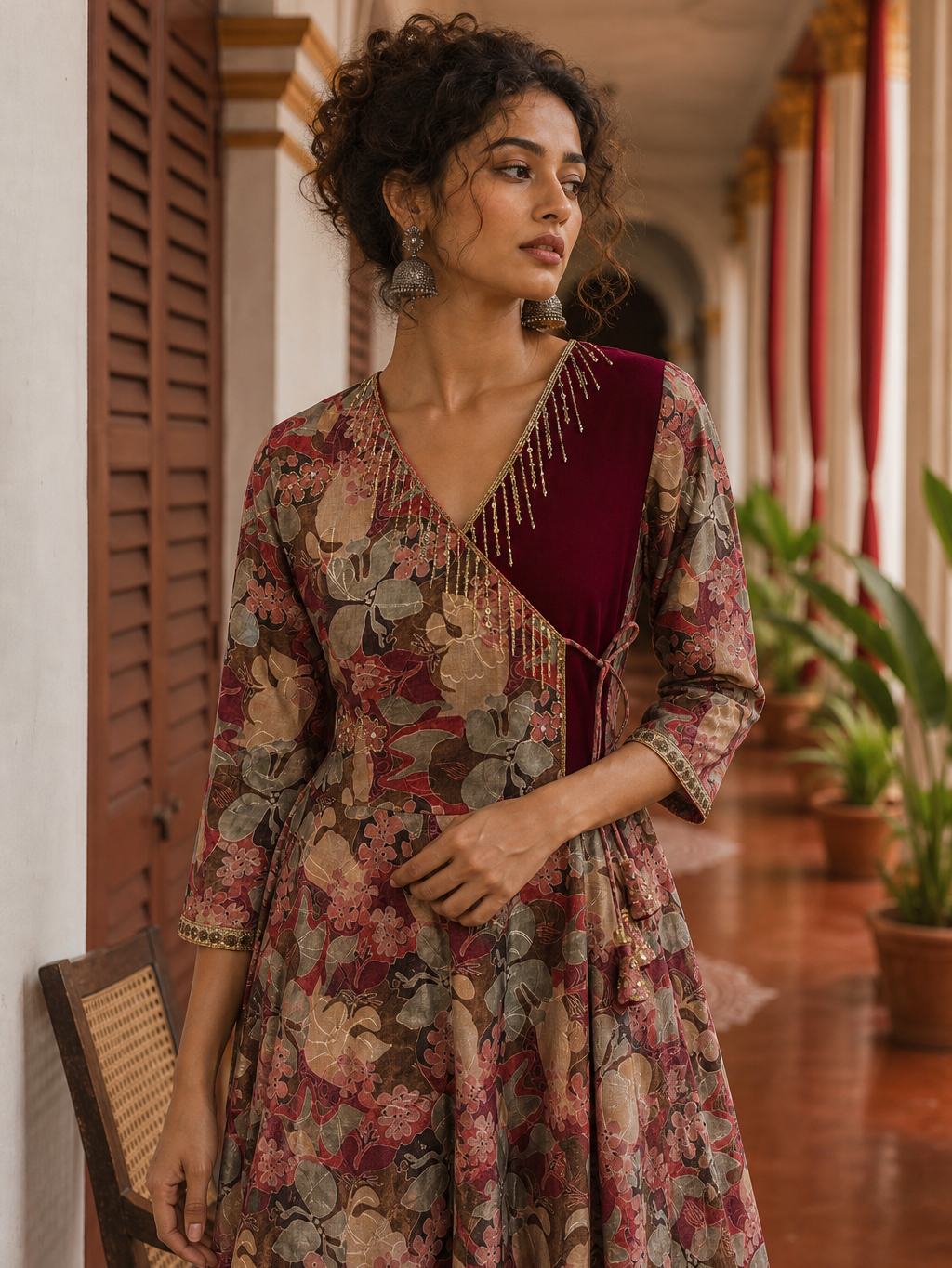 Elegant Maroon rayon & Floral Print Wrap Dress with Sequin Fringe Neckline & Embellished Sleeve Cuffs
