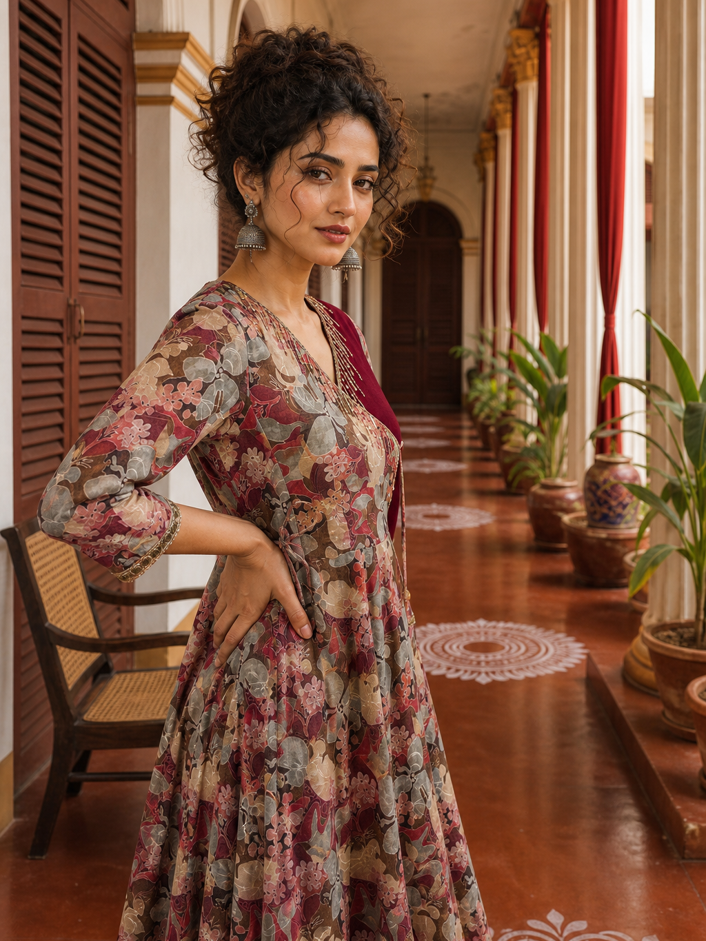 Elegant Maroon rayon & Floral Print Wrap Dress with Sequin Fringe Neckline & Embellished Sleeve Cuffs
