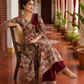 Elegant Maroon rayon & Floral Print Wrap Dress with Sequin Fringe Neckline & Embellished Sleeve Cuffs