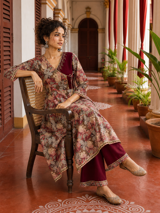 Robe portefeuille élégante en rayonne bordeaux à imprimé floral, encolure à franges de sequins et poignets ornés