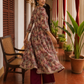 Elegant Maroon rayon & Floral Print Wrap Dress with Sequin Fringe Neckline & Embellished Sleeve Cuffs