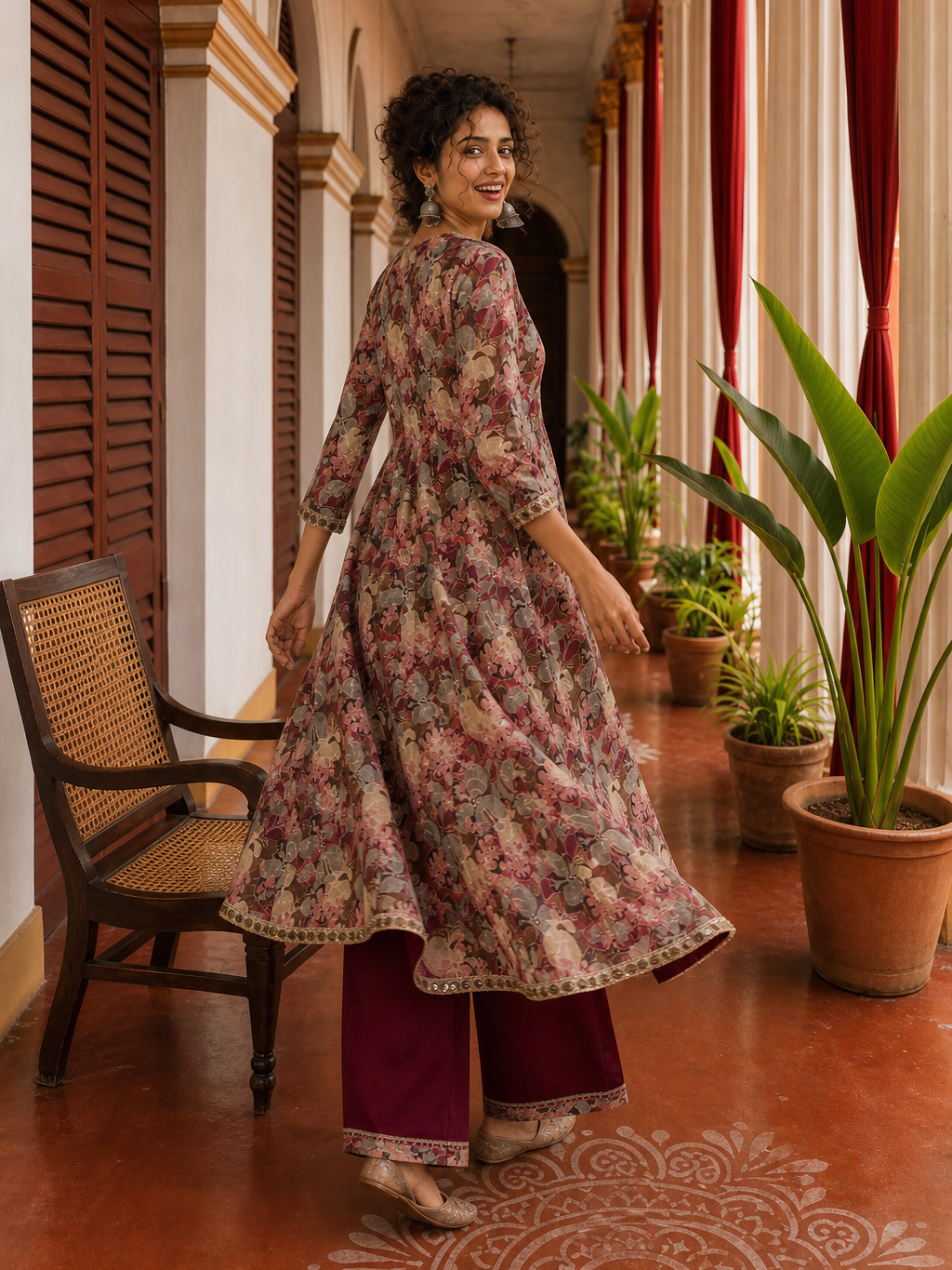 Elegant Maroon rayon & Floral Print Wrap Dress with Sequin Fringe Neckline & Embellished Sleeve Cuffs