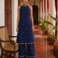 Elegant Navy Blue Kurta with Gold Embroidered Halter Neckline & Banarasi Border