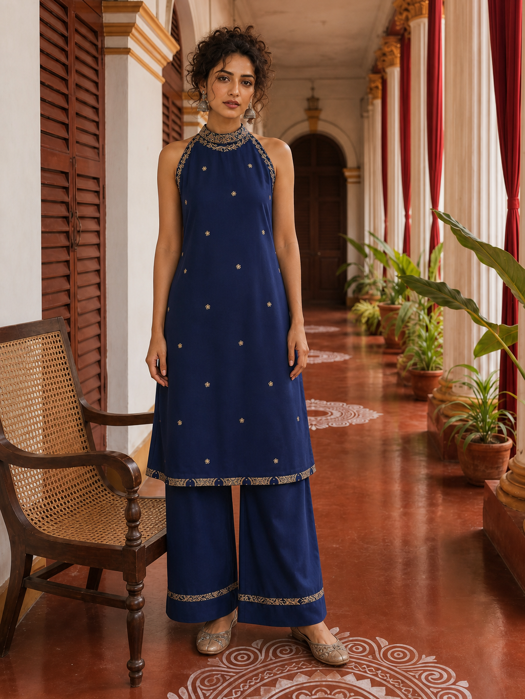 Elegant Navy Blue Kurta with Gold Embroidered Halter Neckline & Banarasi Border