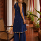 Elegant Navy Blue Kurta with Gold Embroidered Halter Neckline & Banarasi Border