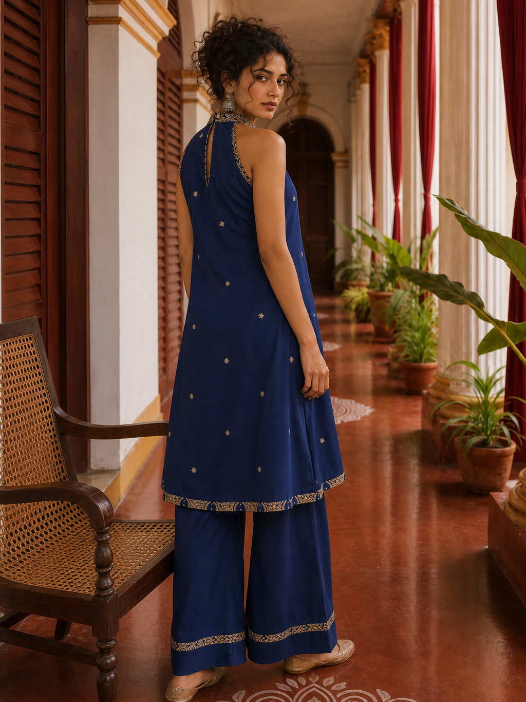 Elegant Navy Blue Kurta with Gold Embroidered Halter Neckline & Banarasi Border