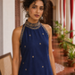Elegant Navy Blue Kurta with Gold Embroidered Halter Neckline & Banarasi Border