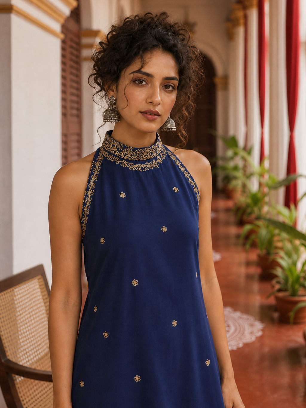 Elegant Navy Blue Kurta with Gold Embroidered Halter Neckline & Banarasi Border