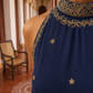 Elegant Navy Blue Kurta with Gold Embroidered Halter Neckline & Banarasi Border