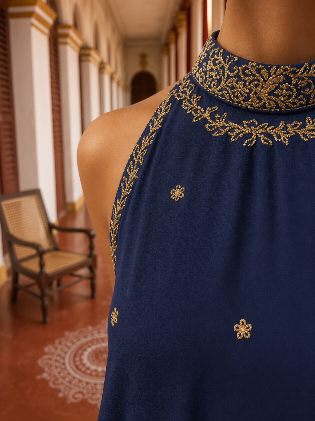 Elegant Navy Blue Kurta with Gold Embroidered Halter Neckline & Banarasi Border
