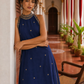 Elegant Navy Blue Kurta with Gold Embroidered Halter Neckline & Banarasi Border