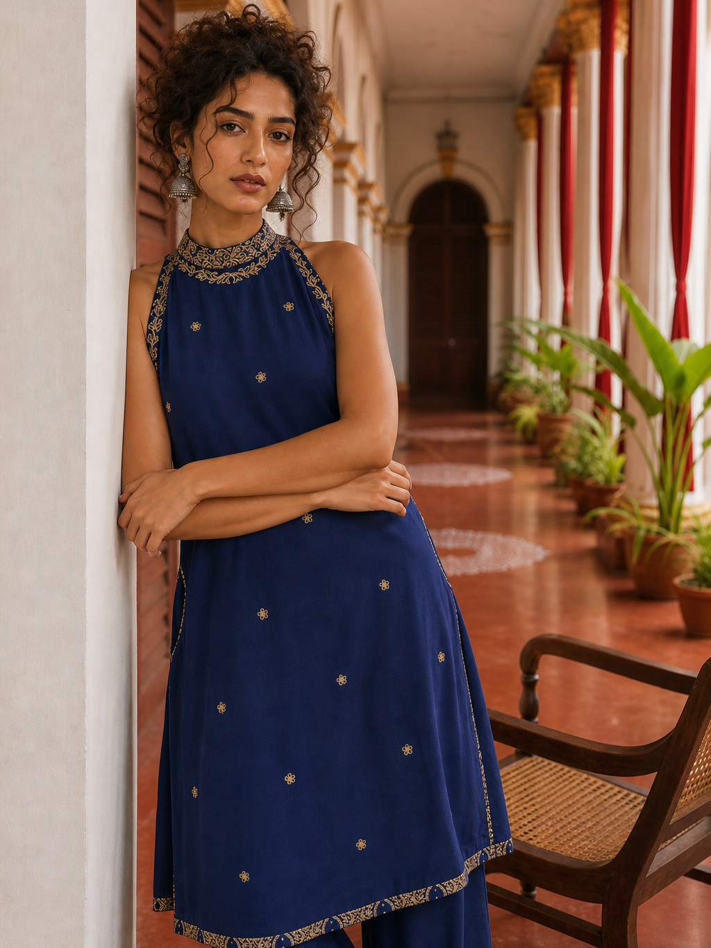 Elegant Navy Blue Kurta with Gold Embroidered Halter Neckline & Banarasi Border