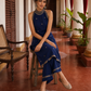 Elegant Navy Blue Kurta with Gold Embroidered Halter Neckline & Banarasi Border