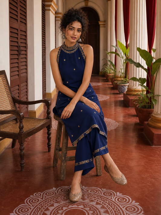 Kurta bleu marine élégant avec encolure américaine brodée d'or et bordure Banarasi