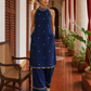 Elegant Navy Blue Kurta with Gold Embroidered Halter Neckline & Banarasi Border