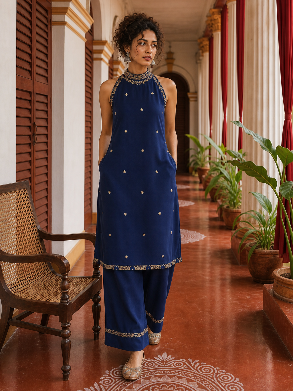 Elegant Navy Blue Kurta with Gold Embroidered Halter Neckline & Banarasi Border