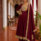 Timeless Maroon Anarkali Kurta Set with Madhubani Floral Yoke, Sequin Embellishment & Matching Dupatta