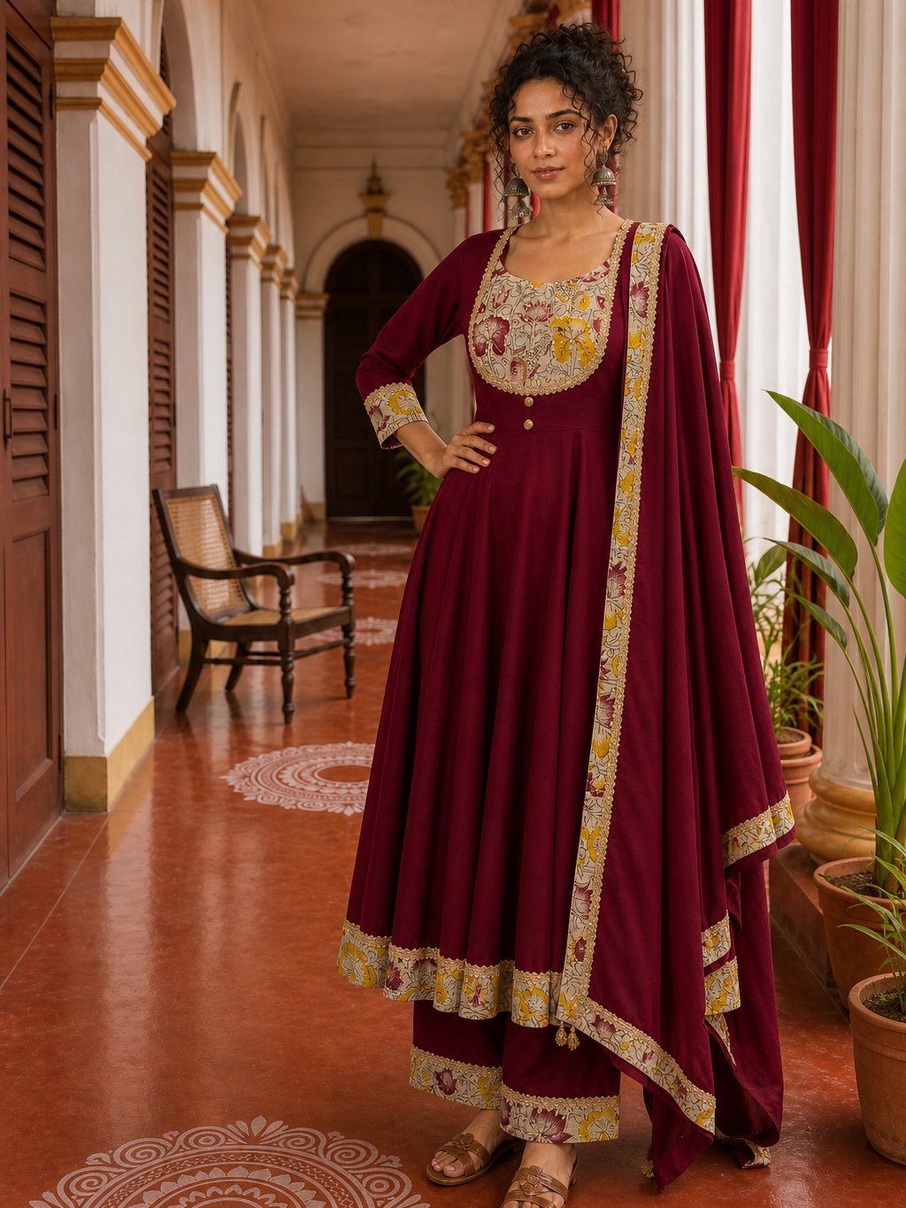 Timeless Maroon Anarkali Kurta Set with Madhubani Floral Yoke, Sequin Embellishment & Matching Dupatta