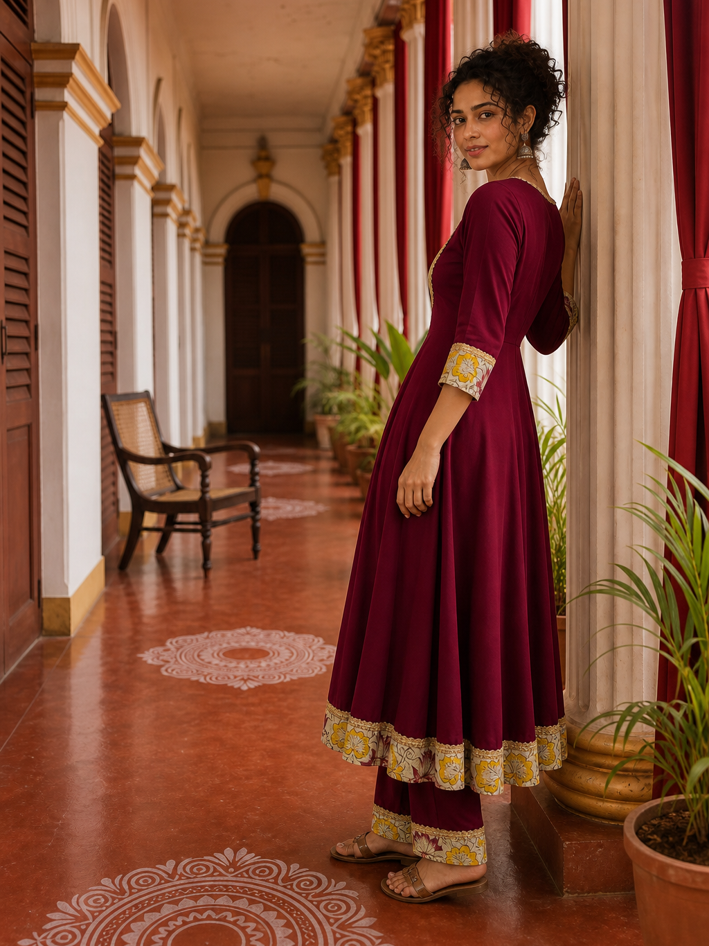 Timeless Maroon Anarkali Kurta Set with Madhubani Floral Yoke, Sequin Embellishment & Matching Dupatta