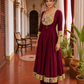 Timeless Maroon Anarkali Kurta Set with Madhubani Floral Yoke, Sequin Embellishment & Matching Dupatta