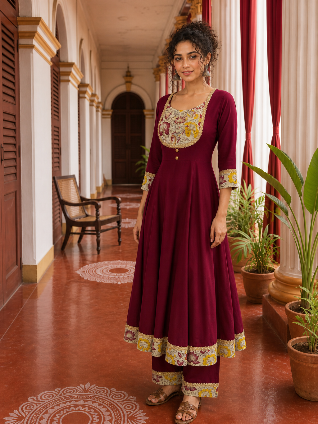 Timeless Maroon Anarkali Kurta Set with Madhubani Floral Yoke, Sequin Embellishment & Matching Dupatta