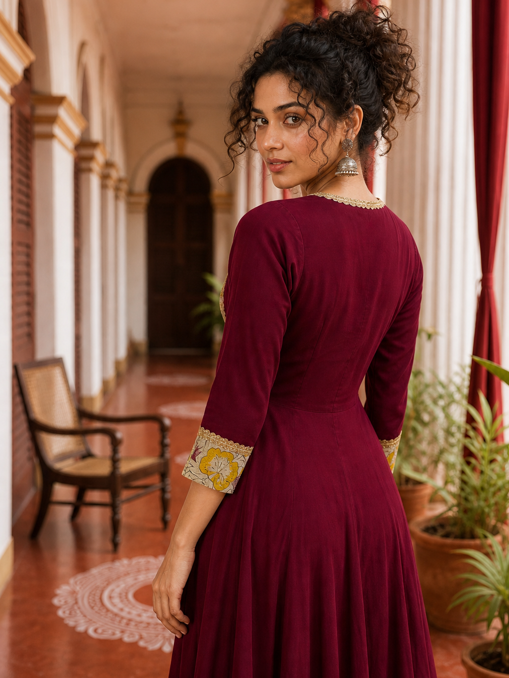 Timeless Maroon Anarkali Kurta Set with Madhubani Floral Yoke, Sequin Embellishment & Matching Dupatta