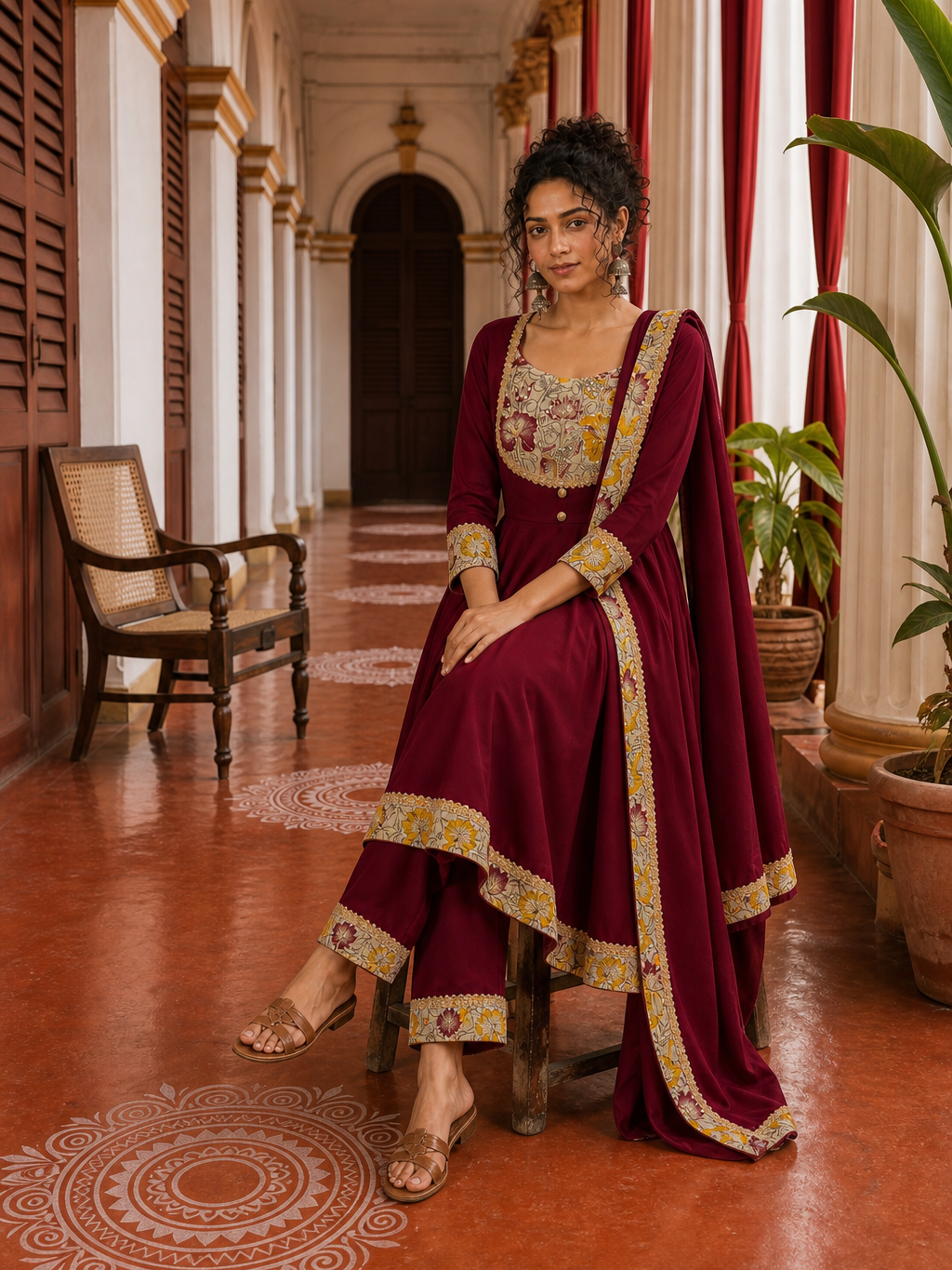 Timeless Maroon Anarkali Kurta Set with Madhubani Floral Yoke, Sequin Embellishment & Matching Dupatta