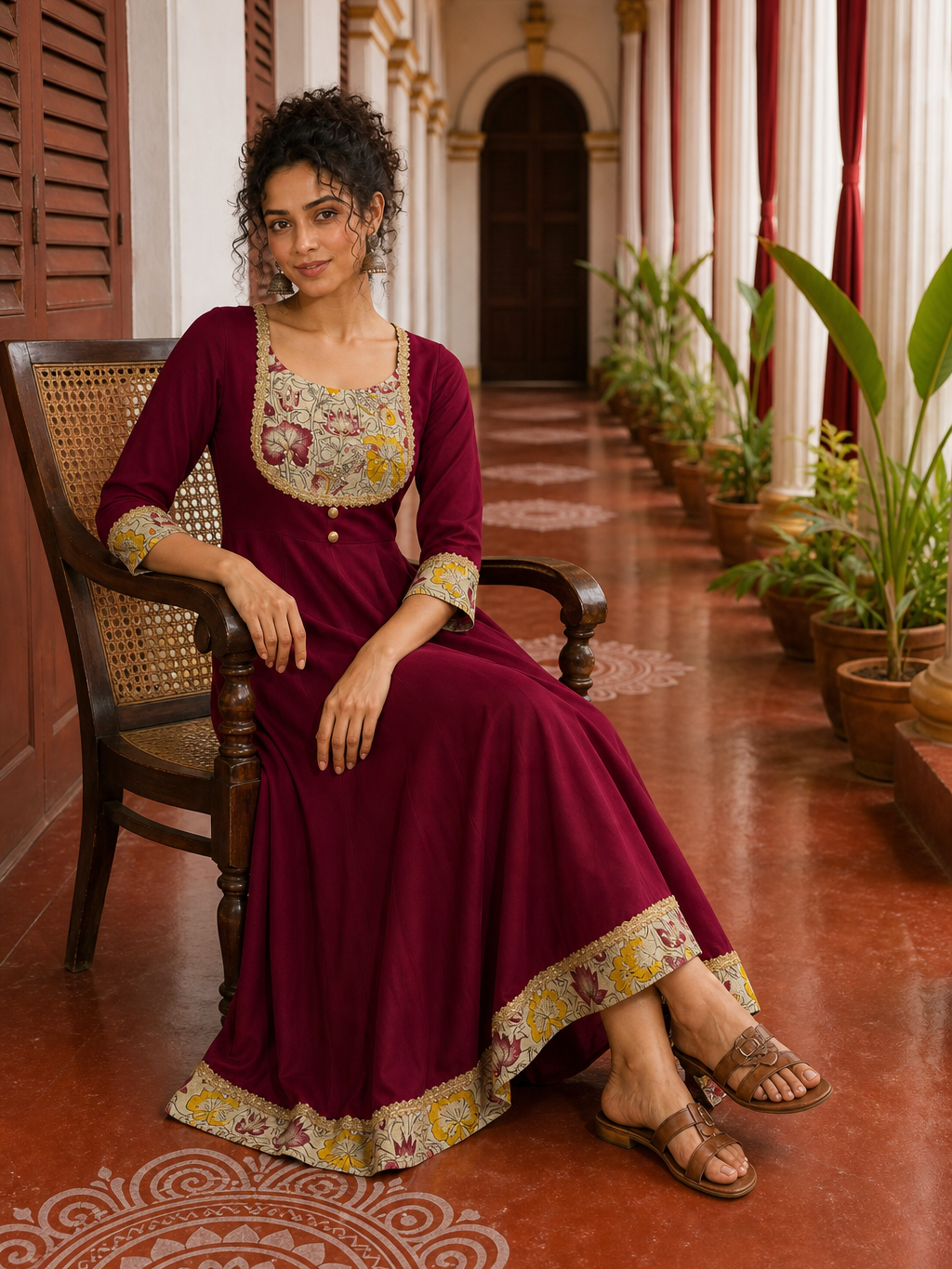 Timeless Maroon Anarkali Kurta Set with Madhubani Floral Yoke, Sequin Embellishment & Matching Dupatta