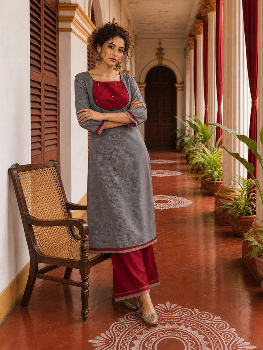 Kurta Khun gris intemporel avec empiècement brodé bordeaux et manches à bordure contrastante
