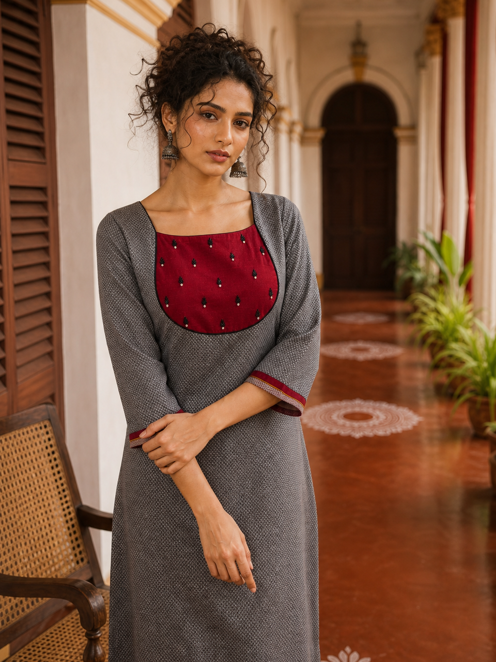 Timeless Grey Khun Kurta with Maroon Embroidered Yoke Panel & Contrast Border Sleeves