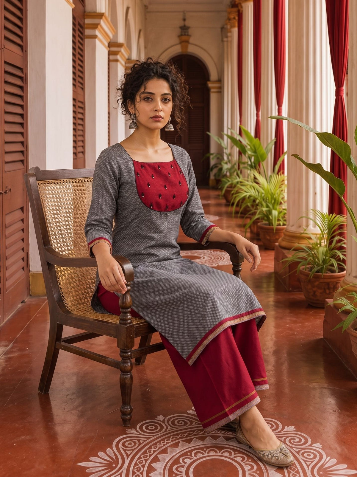Timeless Grey Khun Kurta with Maroon Embroidered Yoke Panel & Contrast Border Sleeves