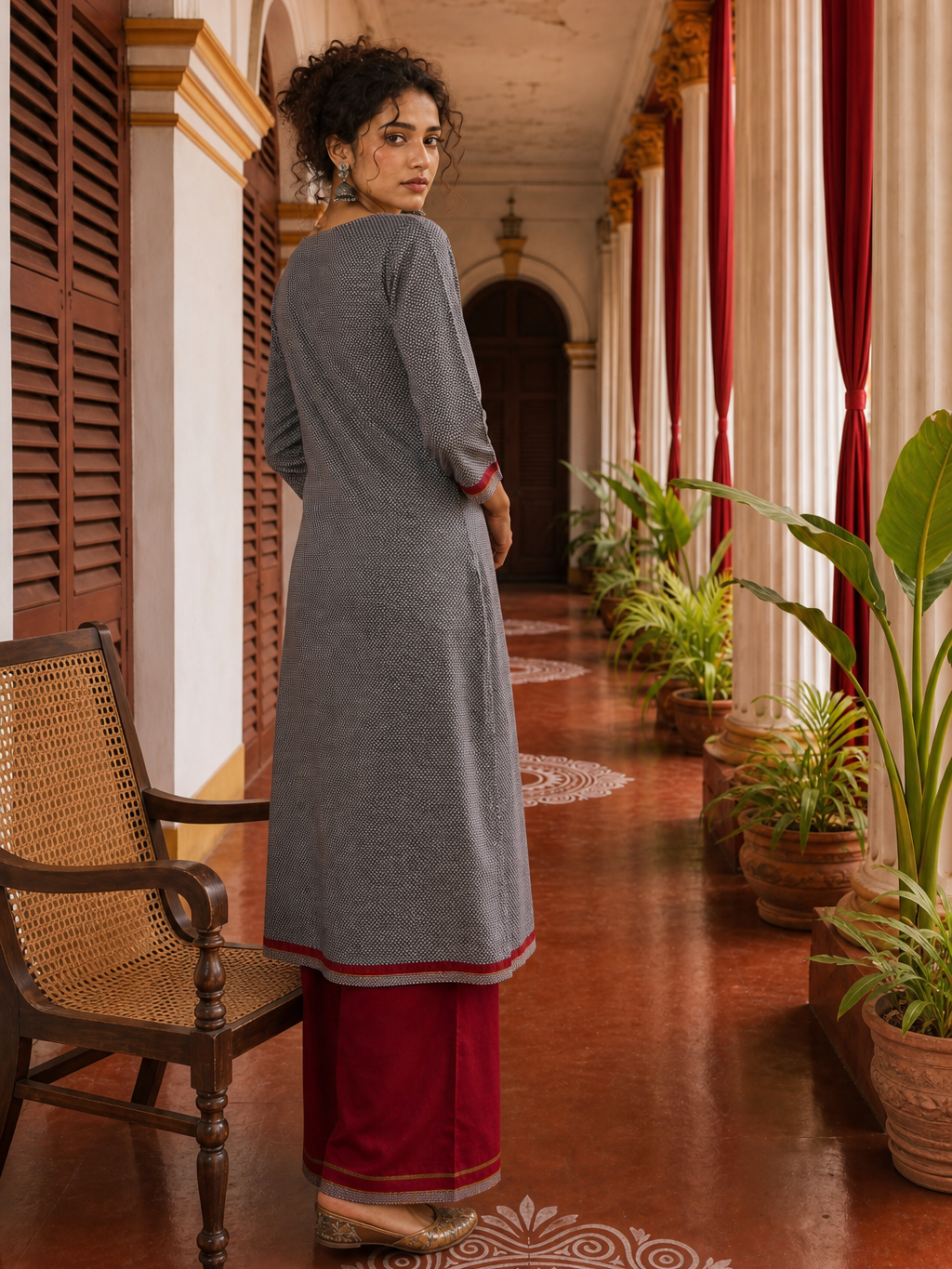 Timeless Grey Khun Kurta with Maroon Embroidered Yoke Panel & Contrast Border Sleeves