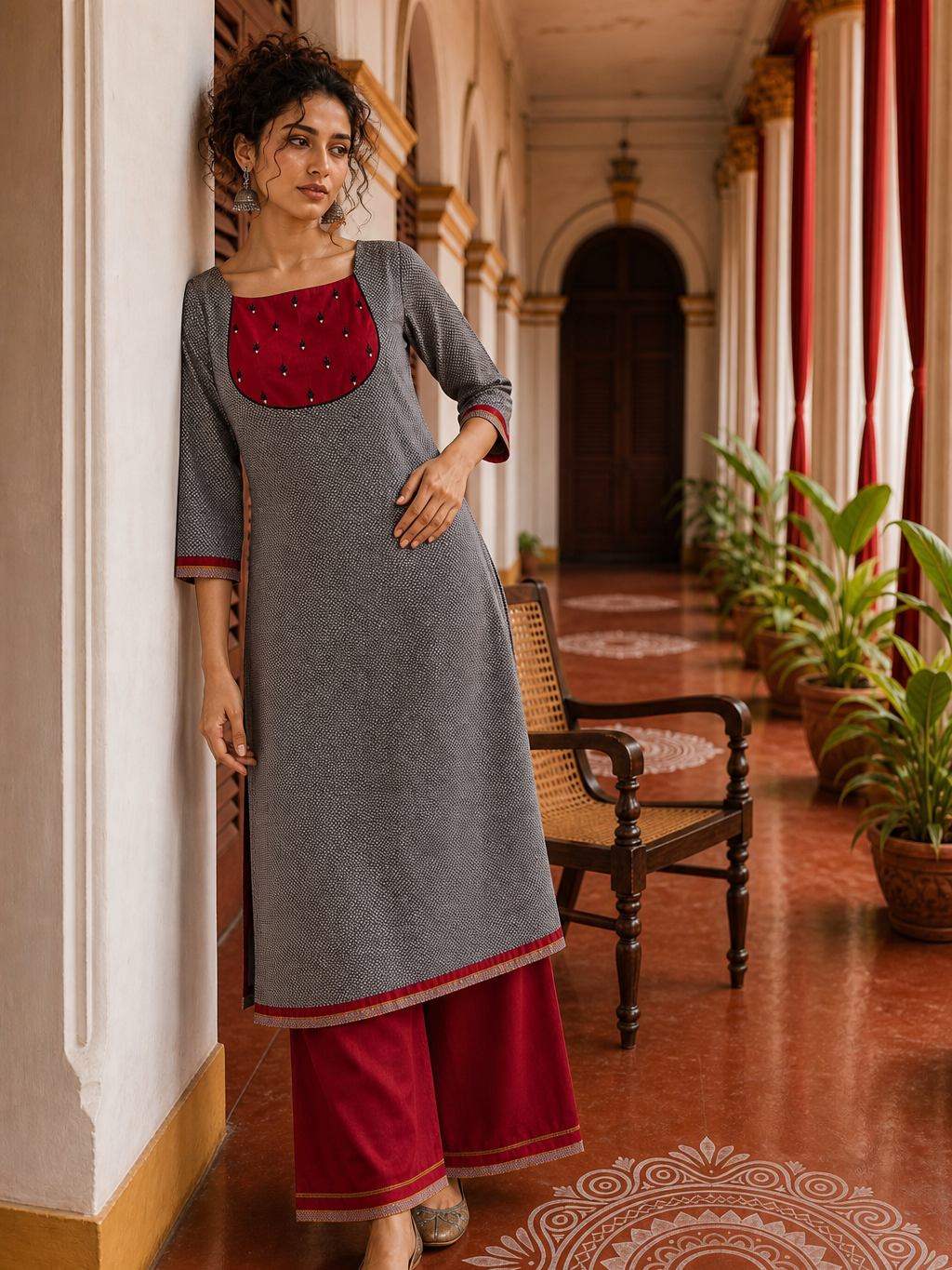Timeless Grey Khun Kurta with Maroon Embroidered Yoke Panel & Contrast Border Sleeves