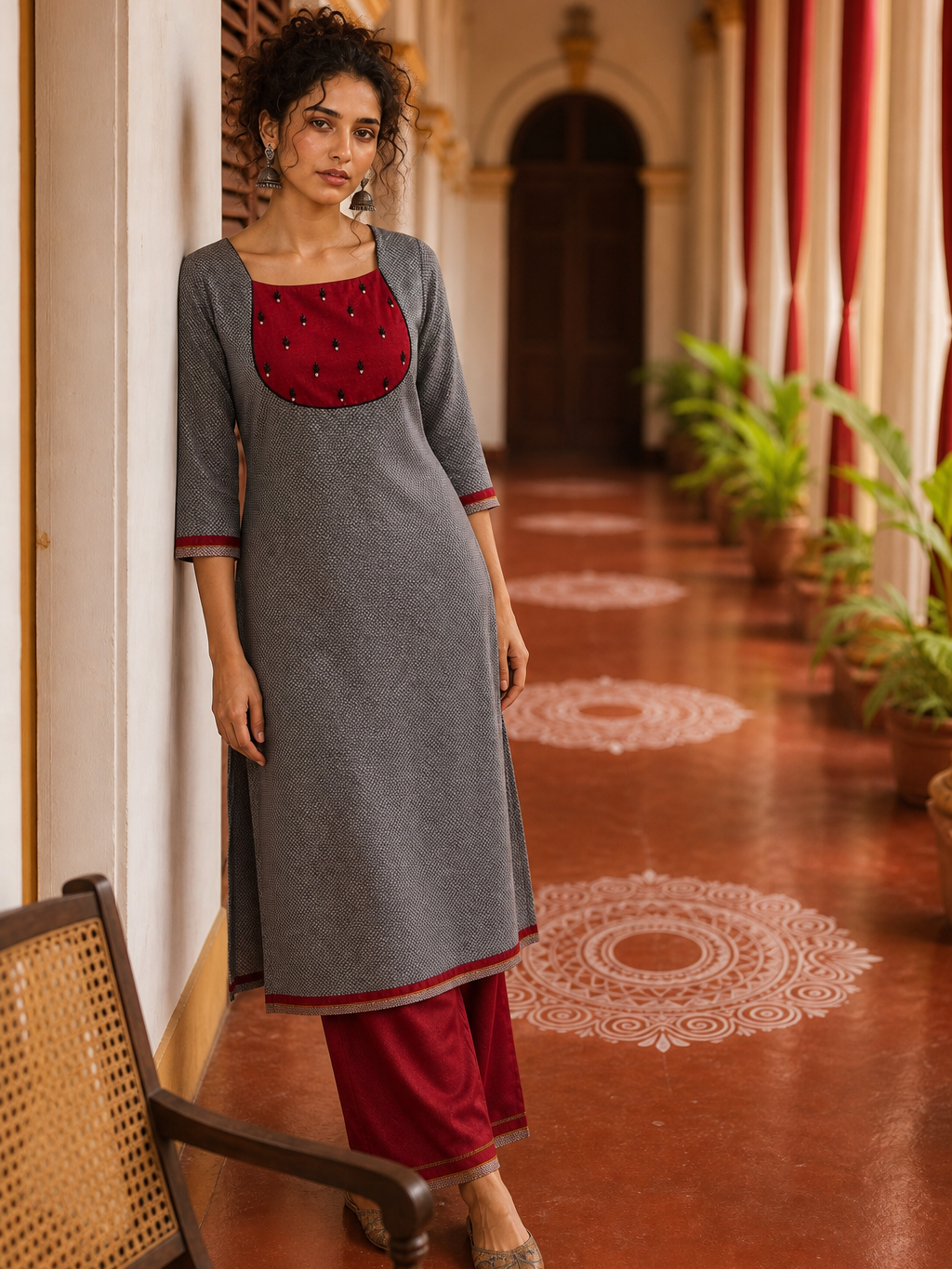 Timeless Grey Khun Kurta with Maroon Embroidered Yoke Panel & Contrast Border Sleeves